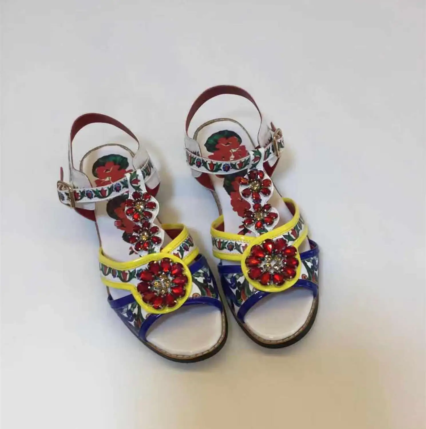 

High quality Summer Bohemian rhinestone flat sandals Chic women's real leather floral print sandals shoes