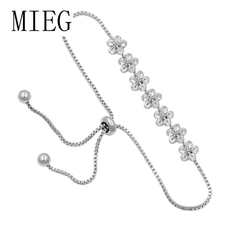 MIEG Родий серебряный цвет покрытый сверкающим кубическим цирконием цветок браслеты с регулируемой скольжения бисера для женщин или невесты