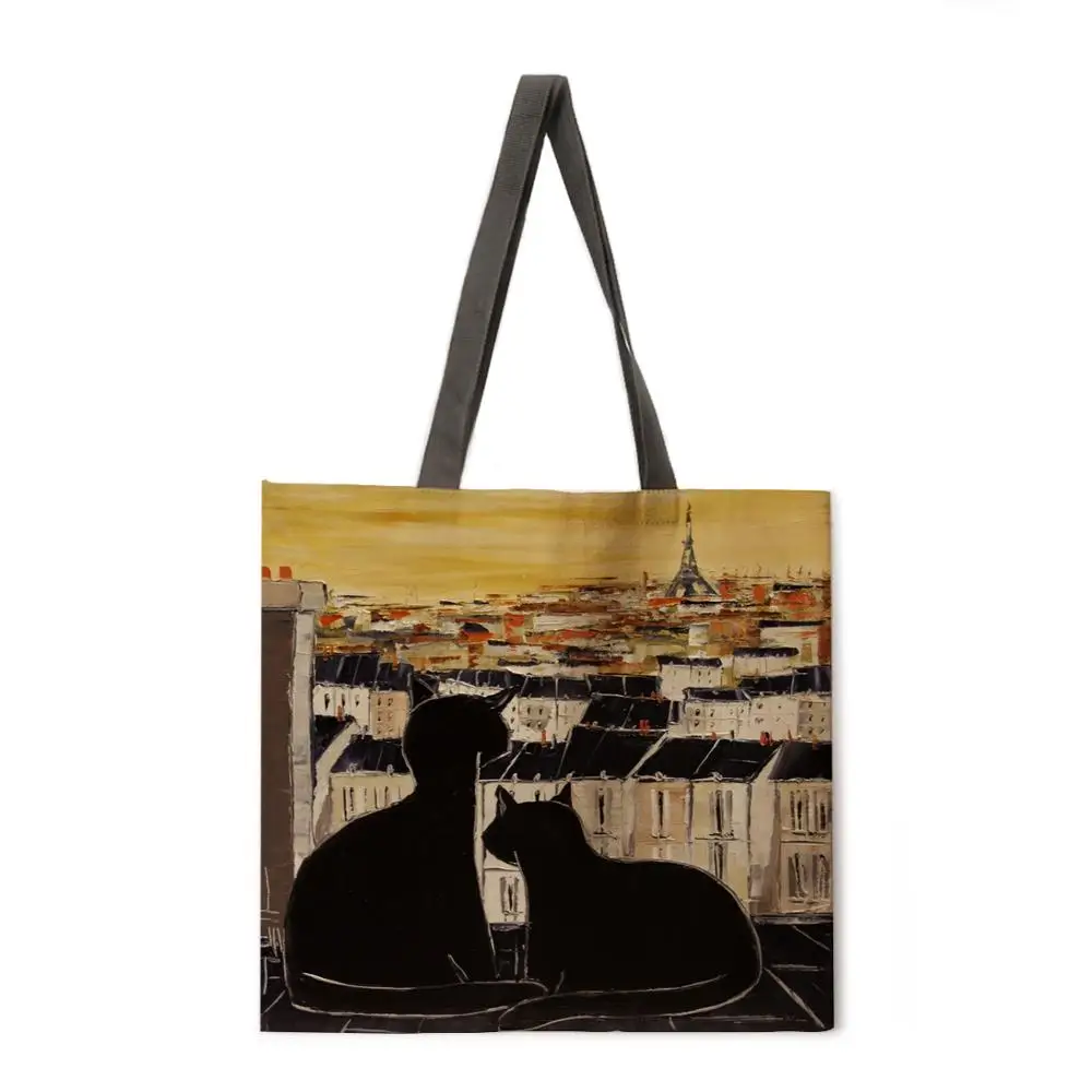 

Reusable shopping bag black ink cat ladies tote bag casual tote bag linen tote bag