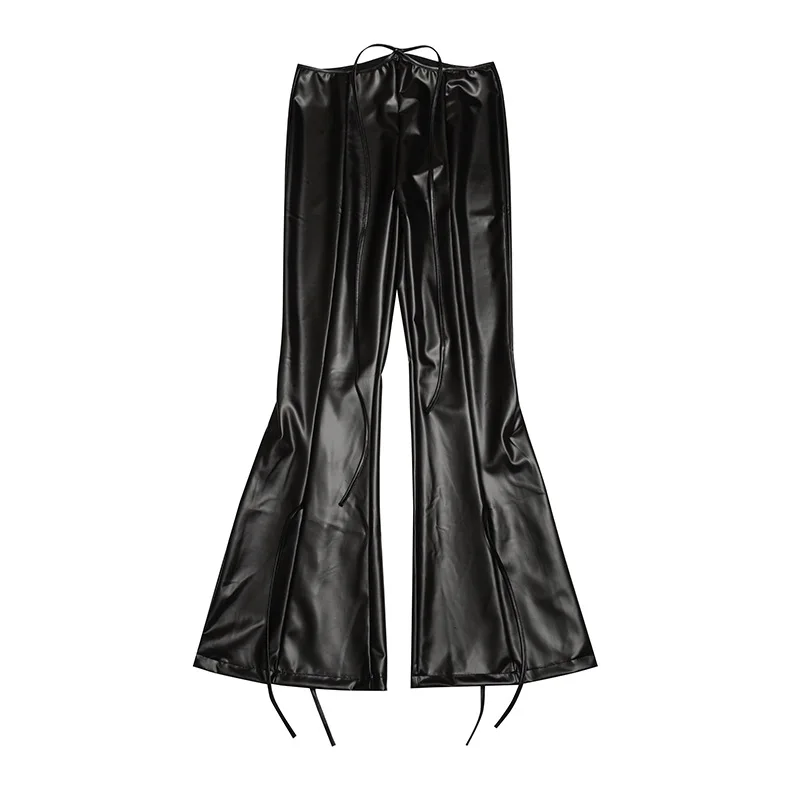 

Fashionable Bandage Hollow Y2K Style Trousers Womens Street Casual Wear 2020 Autumn Winter PU Leather pencil pants Female