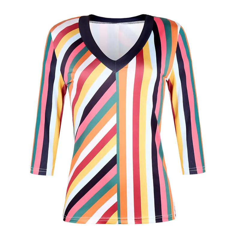 

New European and American Fashion Women's V-neck Ninth Sleeve Printed T-shirt Graphic T Shirts Women Sexy Tops Woman Tshirts