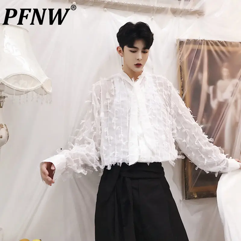 

Новая Изысканная кружевная шикарная тонкая дышащая рубашка ручной работы PFNW, слегка прозрачные элегантные рубашки высокого качества, мужс...