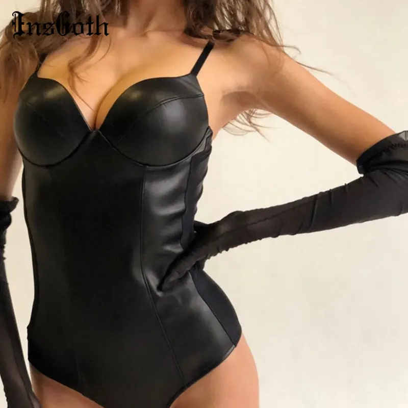 Пикантный Черный боди InsGoth в стиле панк из искусственной кожи Готический кожаный