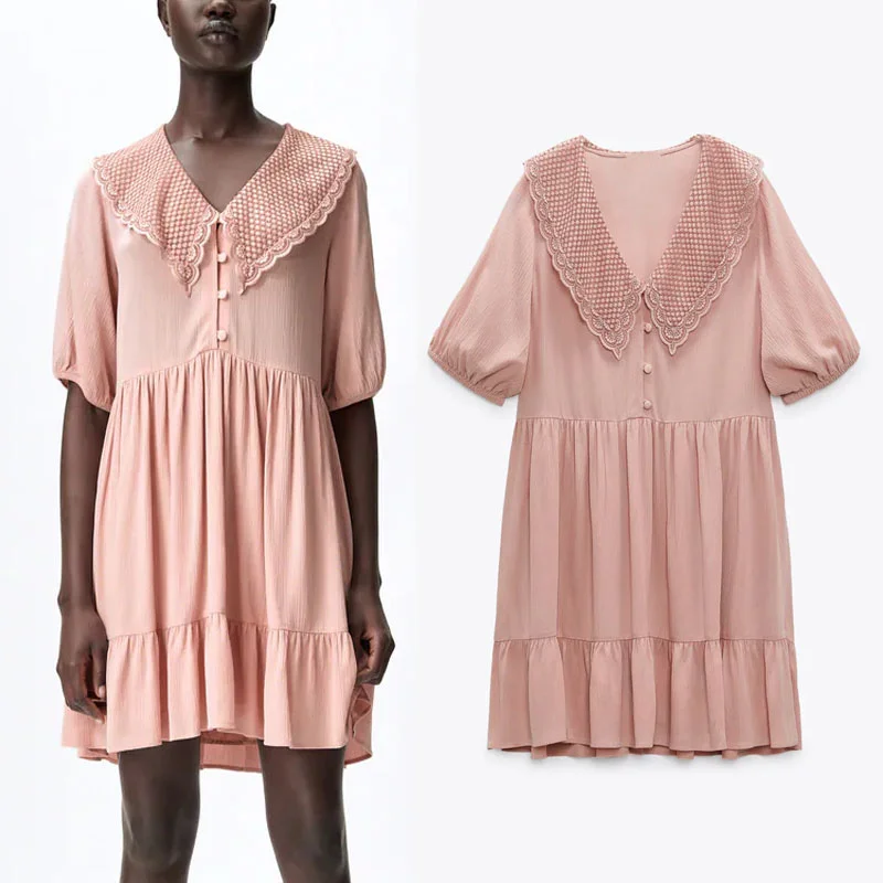 Женское мини платье с вышивкой Za розовое отложным воротником короткими рукавами