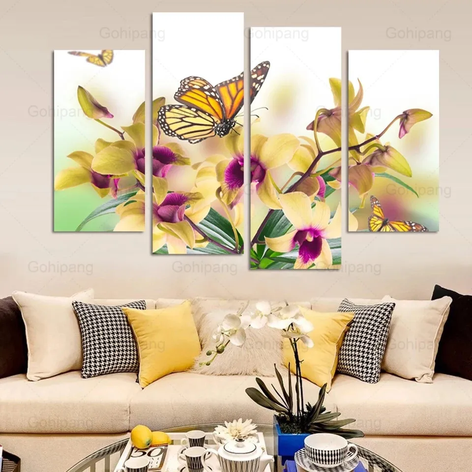 Акварельный пейзаж с цветком поле ферма город настенная живопись холст