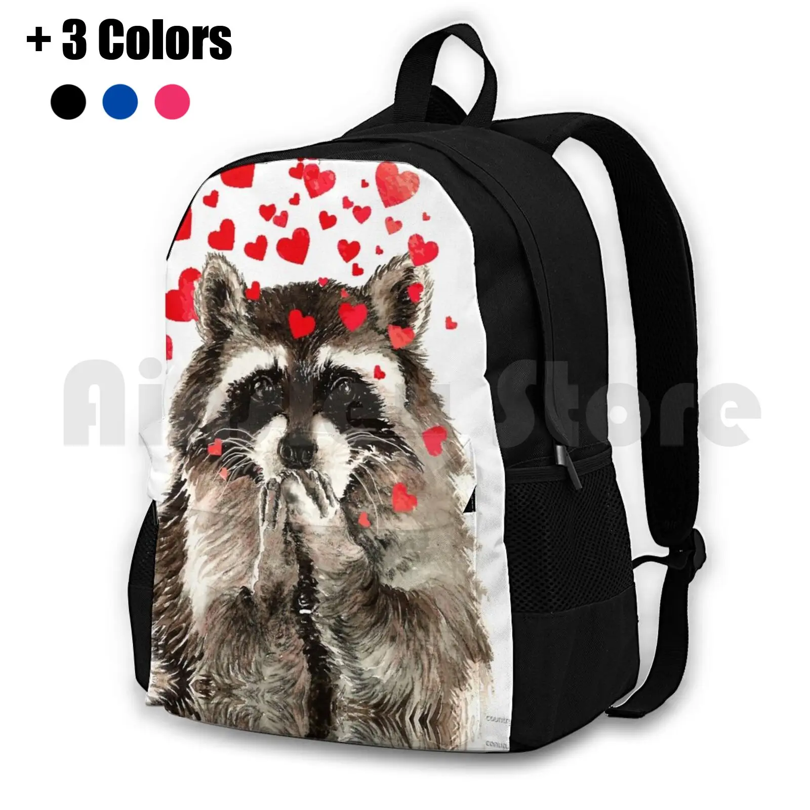 

Cute Watercolor Raccoon Blowing Kisses & Hearts Outdoor Hiking Backpack Riding Climbing Sports Bag Cute Watercolor Raccoon