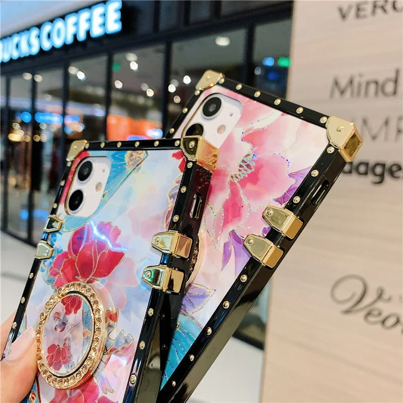

Bling Floral Square Phone ca Pink Flower Case Samsung Note 20 Ultra 10 8 9 S8 S9 S10 S20 Plus S21 A52 A72 A50 A70 A51 A71 shell