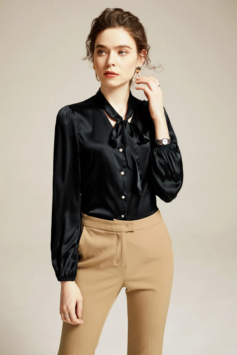 100% Шелковая женская рубашка с поясом и бантом на воротнике длинными рукавами