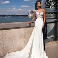bohemian sexy mermaid wedding gown 2021 v neck sleeveless lace applique court train for women satin wedding dresses custom made