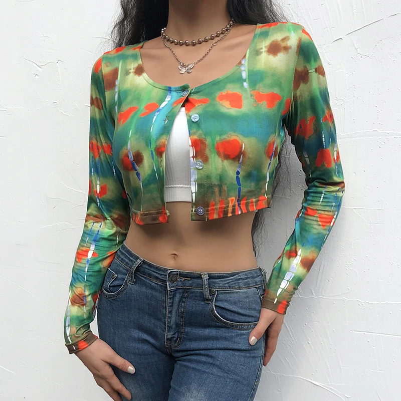 

Y2K Grunge Style Crop Top T Shirt Ladies Autumn Tie Dye Print Long Sleeve Graphic T Shirts Women Casual Green 2022 Fashion New