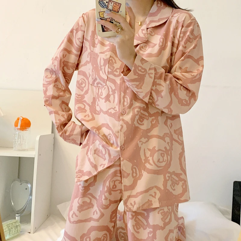 

Пижамный комплект женский с отложным воротником и длинным рукавом