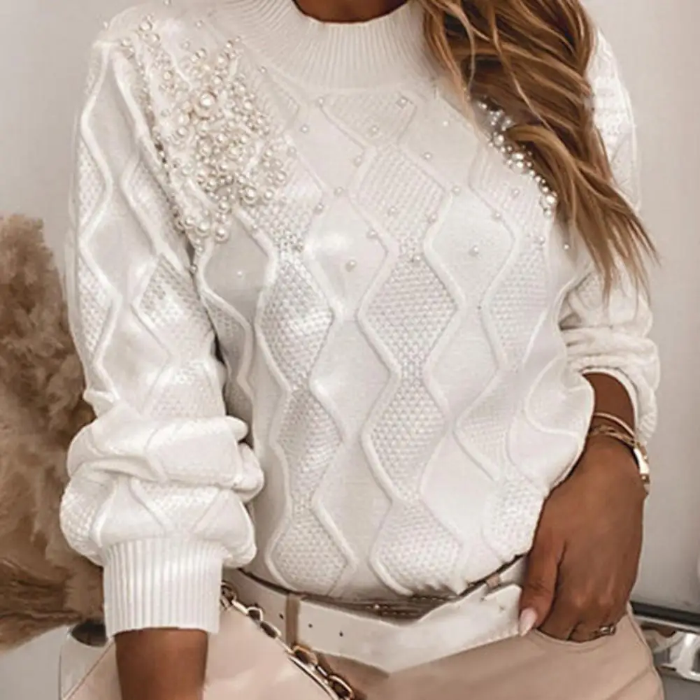 

White Sweater Women Spring Autumn Winter Faux Pearl Knitted Women Warm Sweater Pullover White Sweater Women
