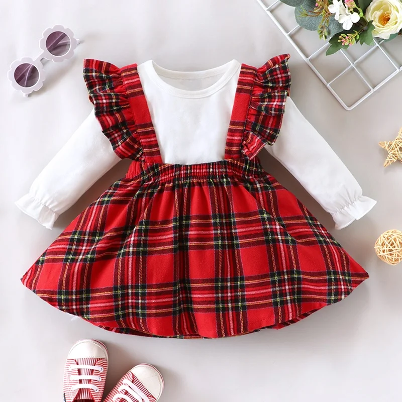 

Hot Selling Baby Girl Clothes 2pcs Sets Solid Long Sleeve Tops+plaid Ruffles Suspender Dress Sweet Party Baby Clothes Sets 0-18M