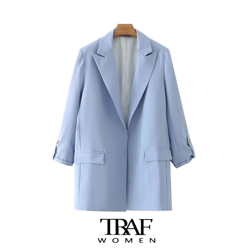 

TRAF Women Fashion Office Wear Open Blazer Coat Vintage Roll-up Sleeves Flap Pockets Female Outerwear Chic Veste