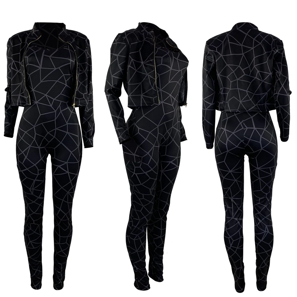 

Winter Women Set O-Neck Full Sleeve print Coat +Jumpsuit Suit Two Piece Set Casual Fashion Tracksuits Fitness Outfits GL5165