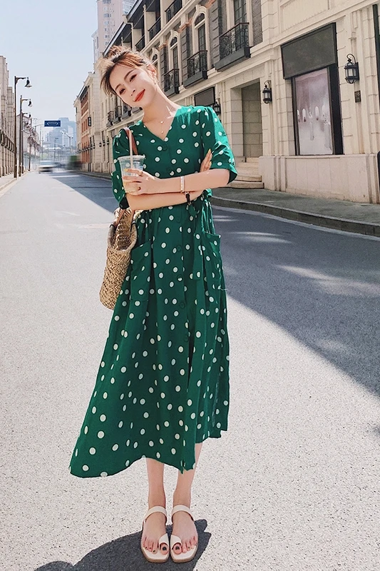 

Puff Sleeve V-neck Bandage Dresses for Women 2021 Summer Elegant Vintage Loose Big Swing Casual Single Breasted Dot Green Dress