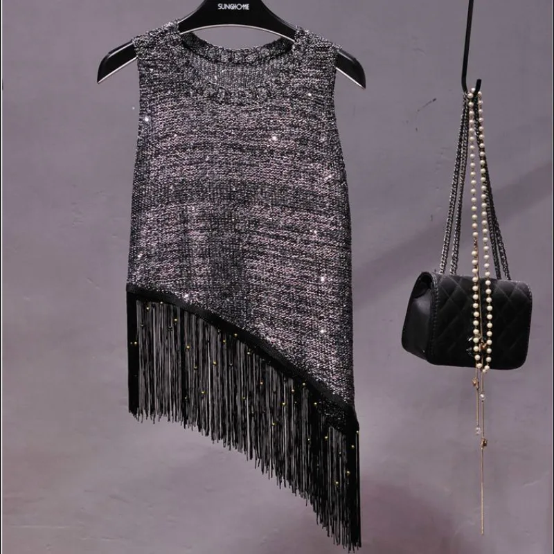 Вязаный жилет с блестками и кисточками золотыми нитями Мини рубашка без рукавов