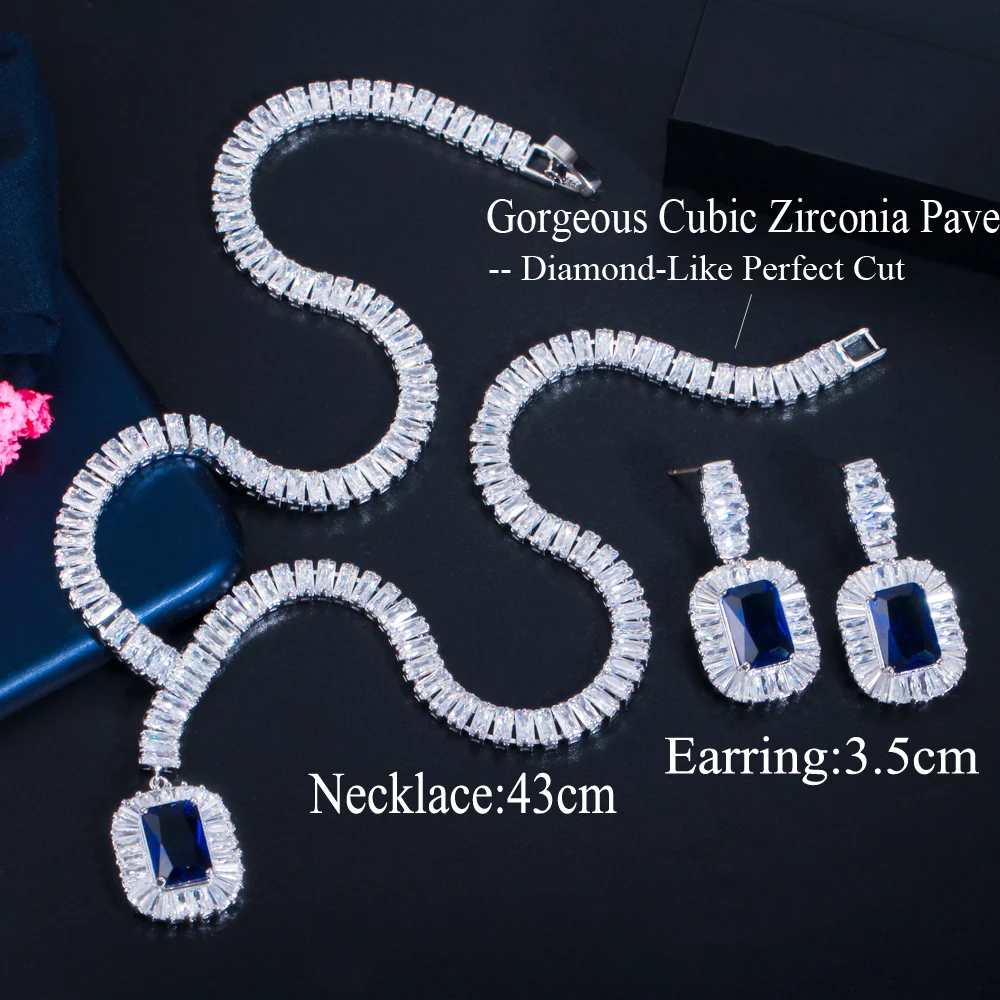 CWWZircons Bling Square Drop темно синий кубический циркон ожерелье и серьги женские вечерние