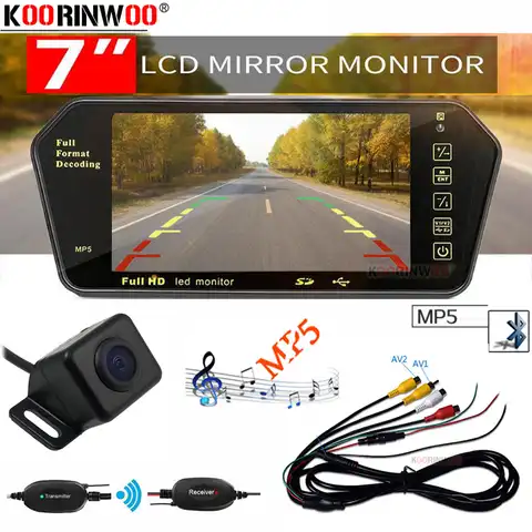 Цветной зеркальный монитор Koorinwoo AHD 7 дюймов TFT LCD Bluetooth MP5 HD 1024*600 беспроводная камера заднего вида парковочная Видеосистема