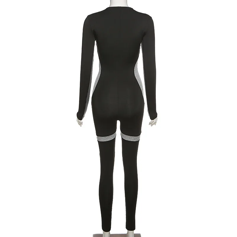 

Patchwork Bodycon Jumpsuit Fall 2020 Sexy Outfits For Woman One Piece Sport Femme Fitness Long Sleeve Zipper Black Romper Outfit