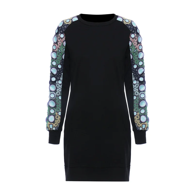

Black Boho Dress Early Spring Geometric Pan Flower Embroidery Collage Long Sleeve Pullover Slim Dress Chiffon O-neck Dress Girls