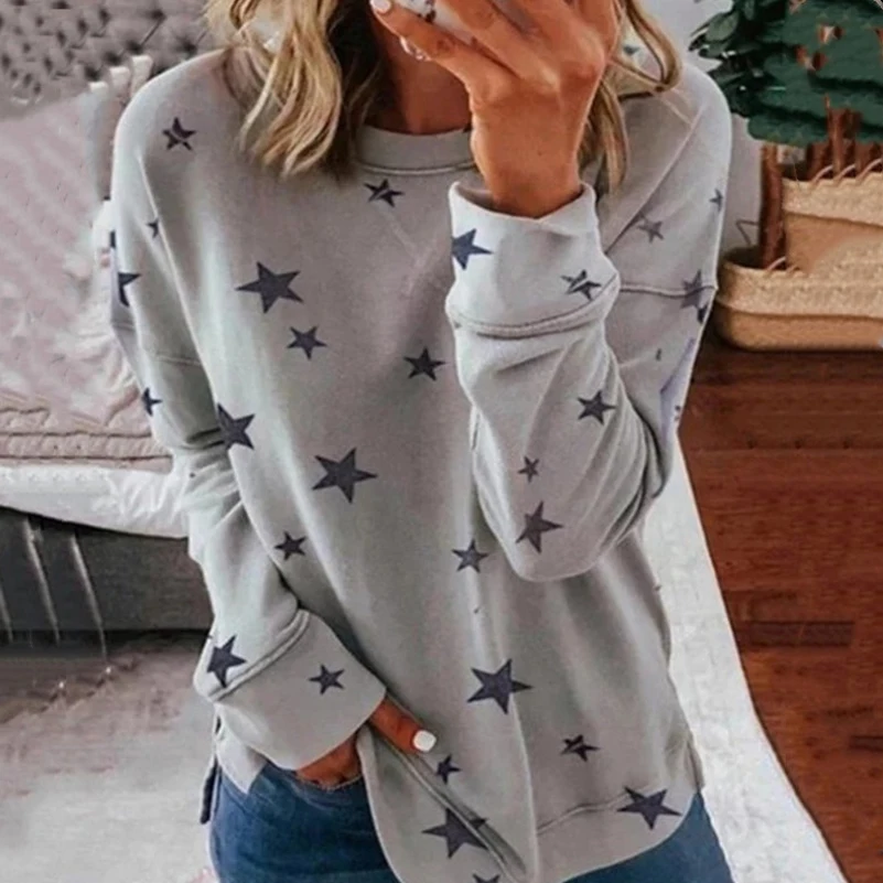 

Свободная Женская футболка с принтом звезд, Женский Топ с длинным рукавом, женская одежда, повседневные топы с круглым вырезом, Пуловеры на ...