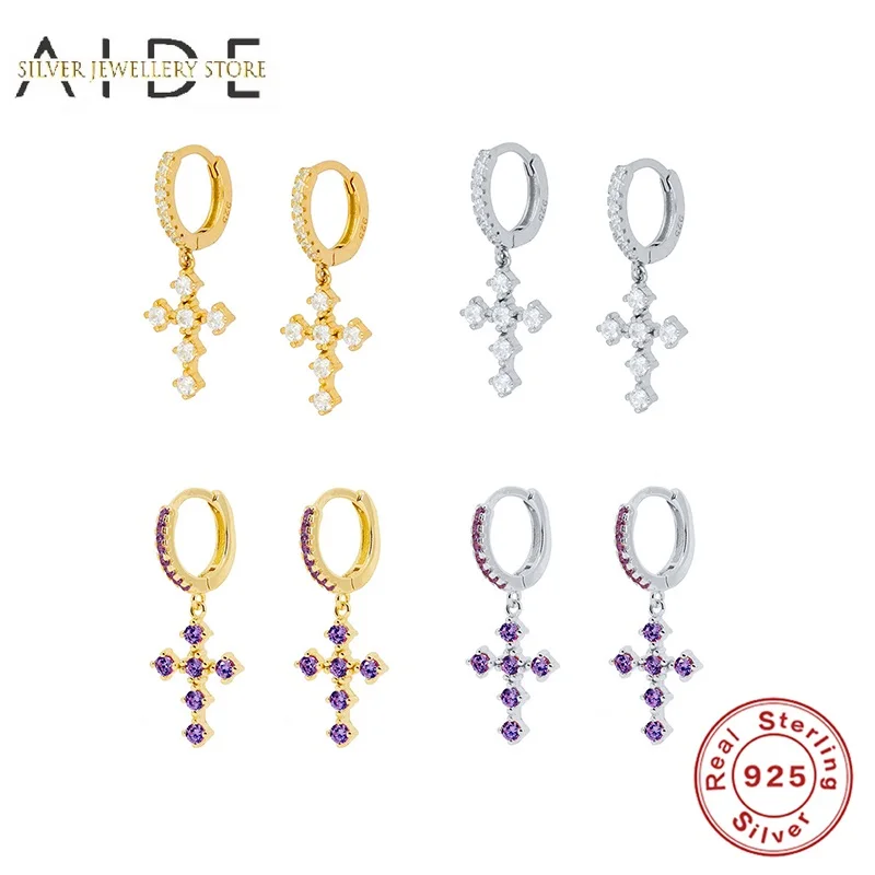 

AIDE Trendy Cross Pendientes Hoop Earrings For Women Geometric White/Purple Zircon Piercing Huggie Earings Silver 925 Jewelry