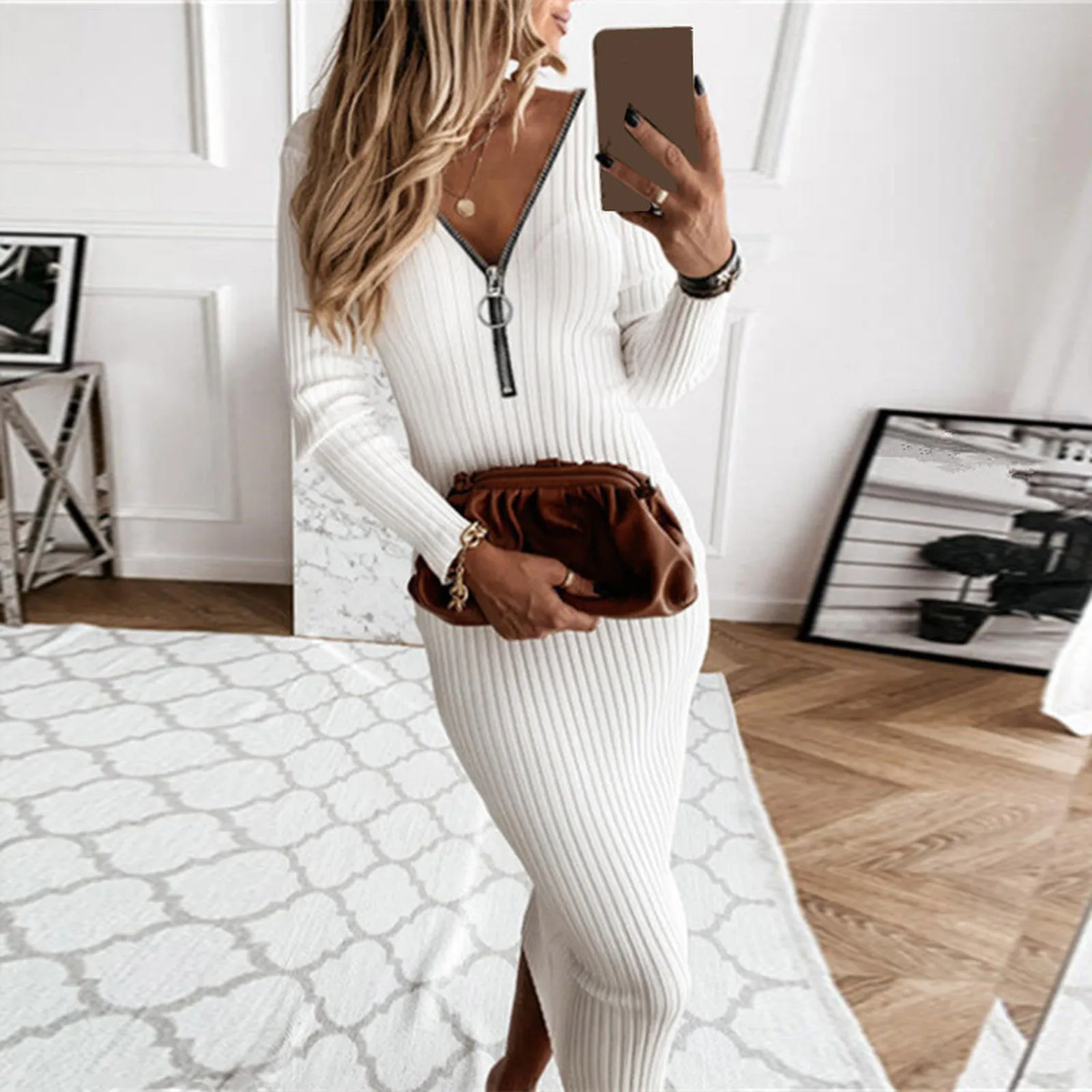 

Party Bodycon Ribbed Knit Dress Women Autumn V-neck Fashion Casual Long Sleeve Winter Solid Slim Midi Women Sweater Dress