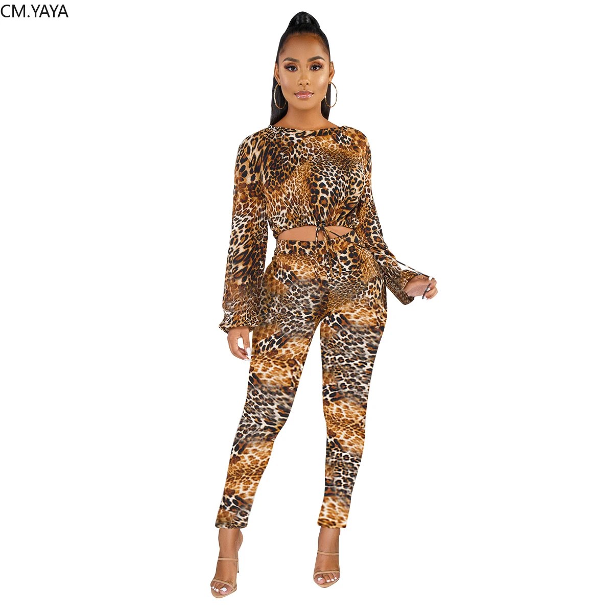 Осенне зимний женский топ с круглым вырезом и леопардовым принтом длинными