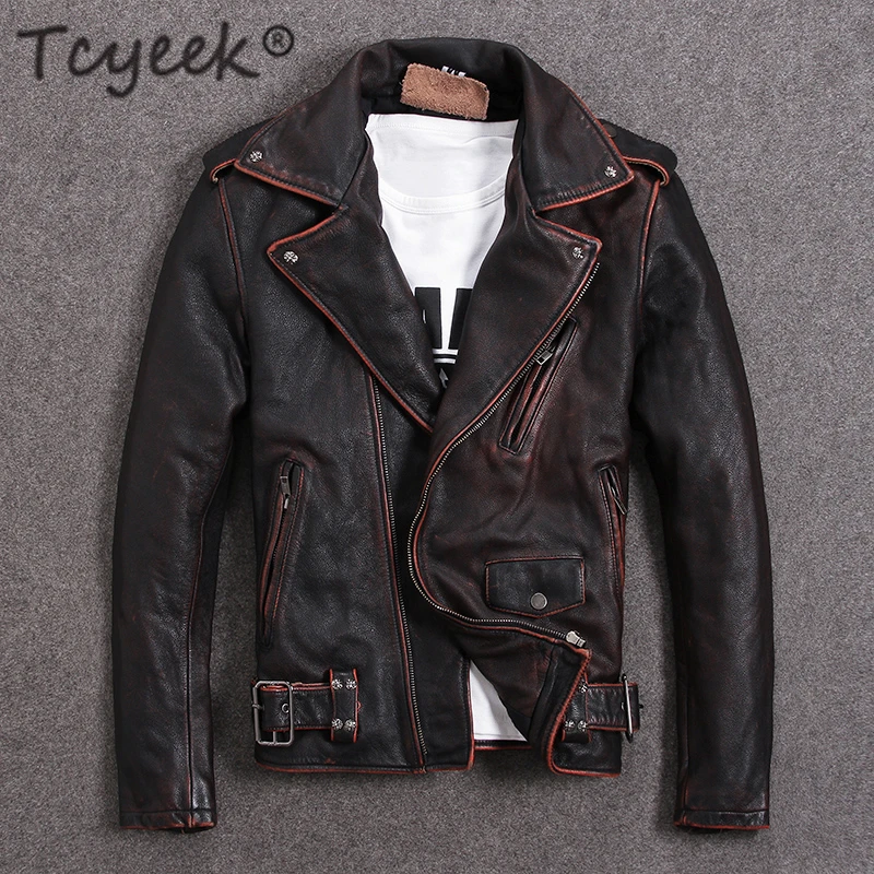 Куртка Tcyeek мужская из натуральной кожи мотоциклетная винтажная байкерская