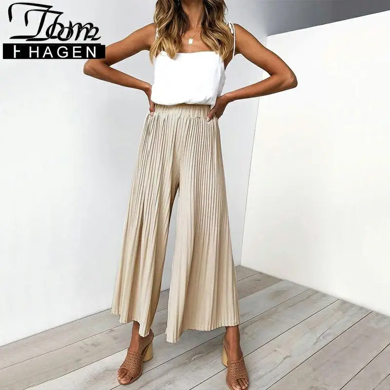 Брюки женские черные с завышенной талией плиссированные штаны широкими