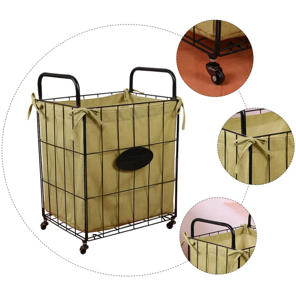 

1Pc Iron Storage Basket with Wheel Home Moveable Sundries Container (Black)