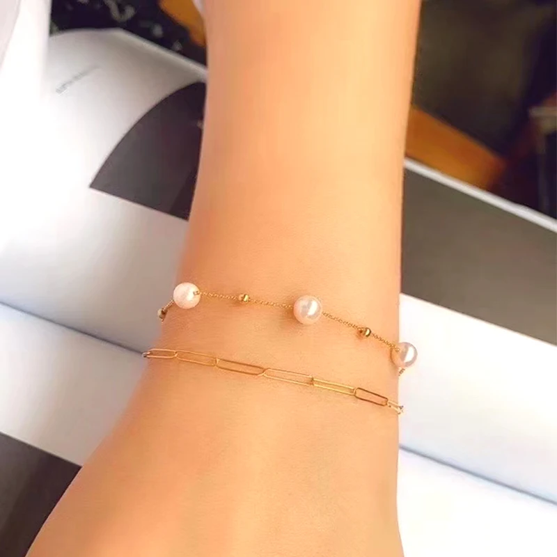 

ANI 18K Yellow Gold Handmade Women Bracelet Akoya White Pearl oorbellen Gold Bracelet boucle d oreille Fine Pearl Jewelry