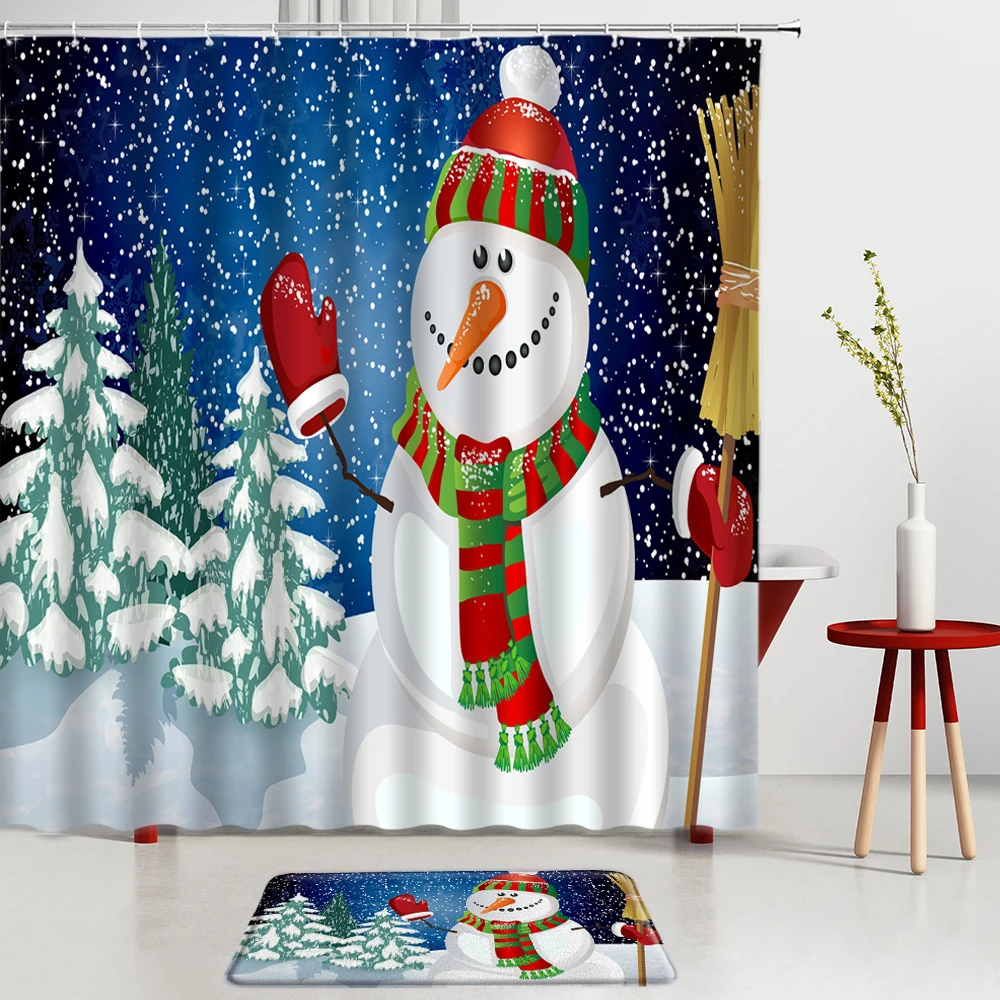 

Snowman Christmas Tree Xmas Shower Curtains Set Red Green Snow Printing Bath Mats Bathroom Room Decoration Bath Screen Carpets