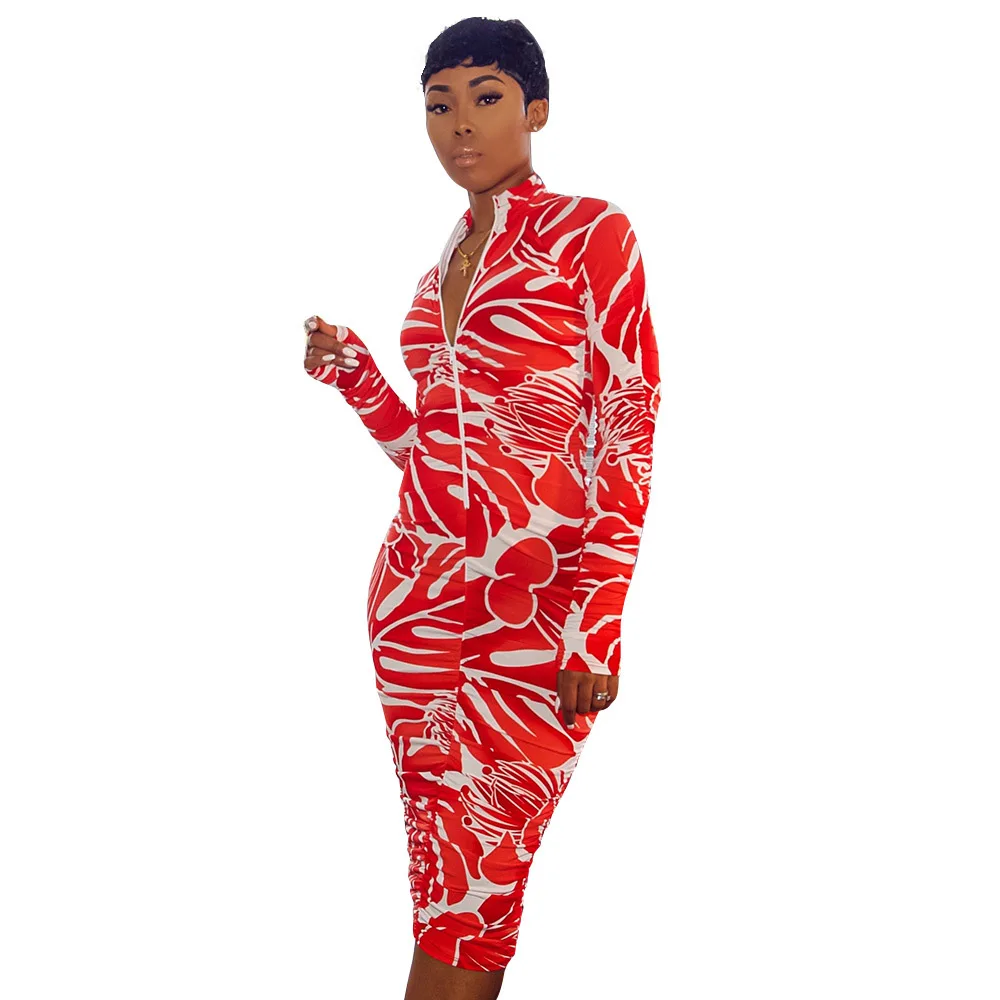 

Zipper Leaves Print Autumn Slim Fit Wrap Dress Women Deep V Neck Long Sleeve Bodycon Dresses Vintage High Waist Club Party Dress