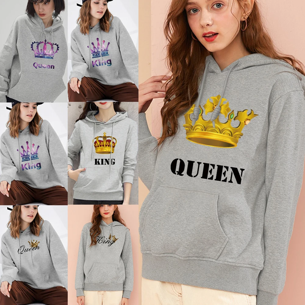 

Hoodies Women Clothing Blouses Bottoming Long Sleeve Tops King Print Loose Pocket Sweatshirt Girl Casual Pullover Streetwear