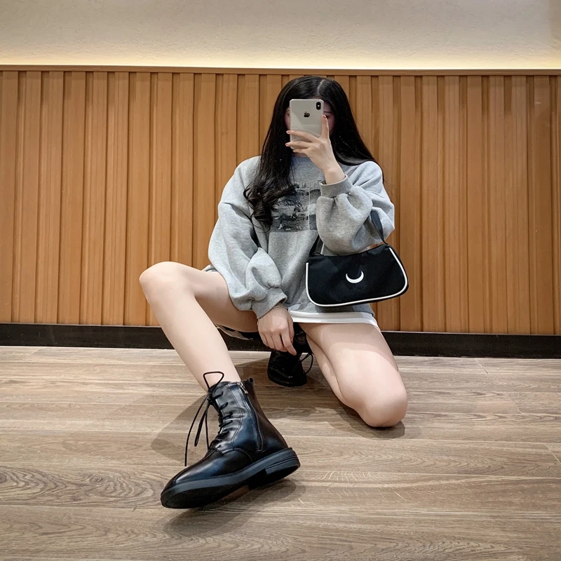

ELLALEE Fashion Boots Women Ankle Short Boots Low Heel Lace-Up PU Leather High Quality Spring Autumn Female Shoes