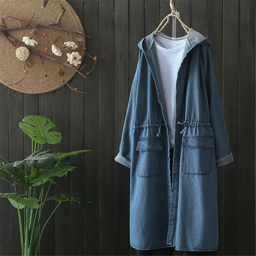 JAYCOSIN одноцветная длинная джинсовая куртка с капюшоном для женщин Свободные