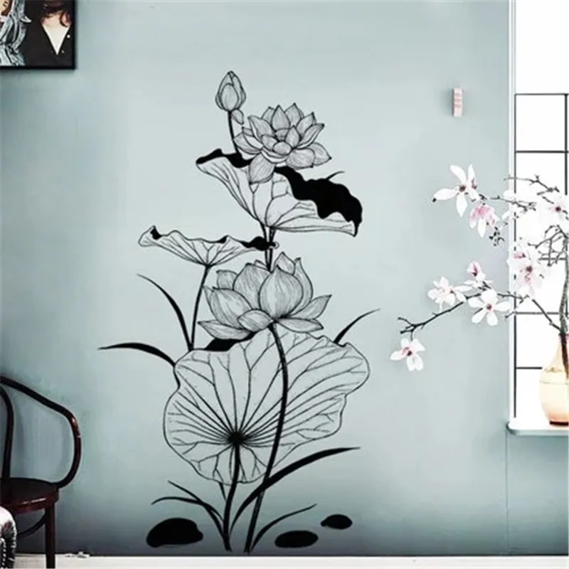

Wall Sticker Living Room Chinese Geomantic Ink Lotus Stickers Hand-painted Room Decoration Teenager Girls Decorative Vinyls