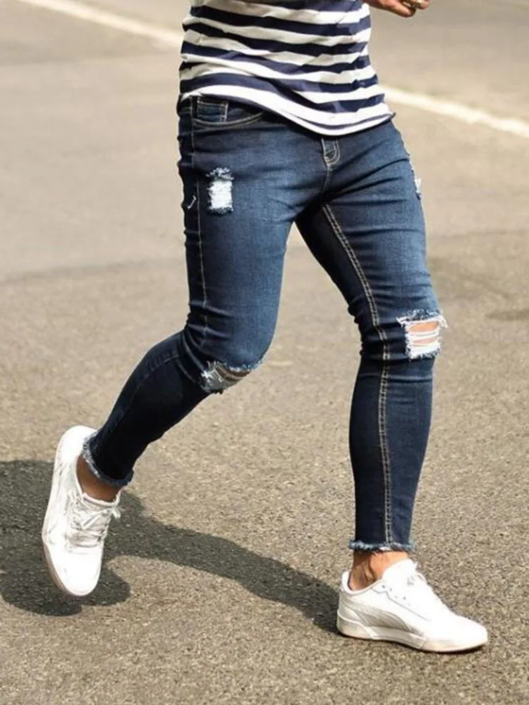 

Men Jeans Casual Mid Waist Pencil Pants Ripped Hole Distressed Full Length Plus Size Denim Trousers Solid Blue Pencil Pants