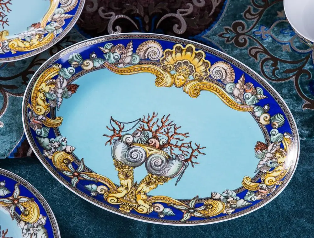 

Luxury Blue Ocean Bone China Dishes Plates Western Clubhouse Upscale Heart Of The Sea CeramicTableware Decorative Plate
