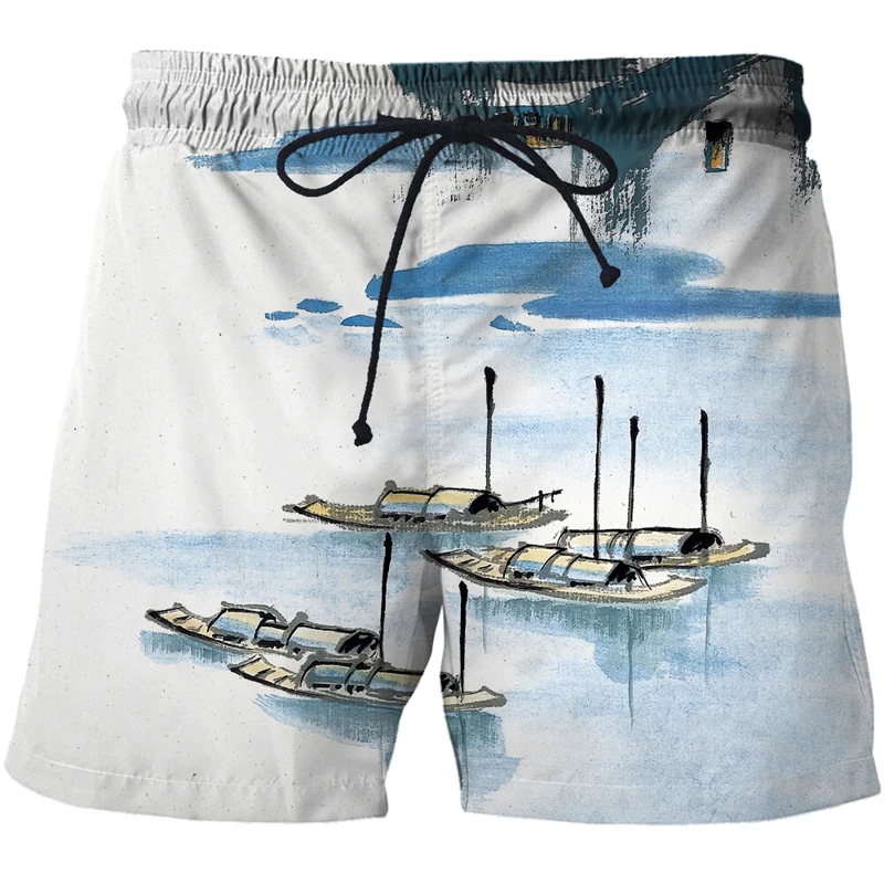 2021 New Summer 3D Chinese brush painting beach pants fashion sports pants printing quick-drying surf shorts men's fitness pants