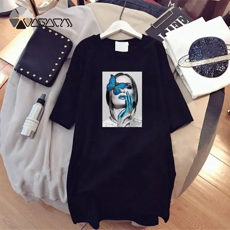 Летние женские платья Повседневная Свободная черная женская футболка с