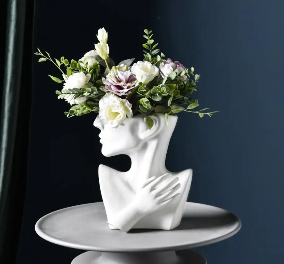 

Nordic ART Modern Face White Porcelain Vase Creative Home Living Room Sculpture Art Ceramic Flower Human avatar vase hand