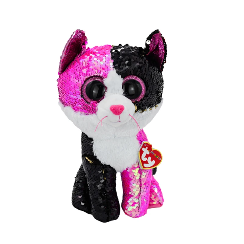 

New 15cm Ty Big Eyes Flippables Sequined Cute Plush Toys Pink And Black Sequined Cat Collecting Toys Doll Children Birthday Gift