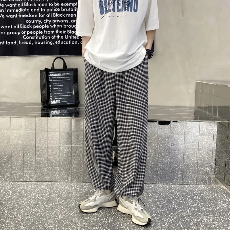 

Summer Plaid Casual Pants Men's Korean Fashion Loose Drawstring Pants Men's Harajuku Streetwear Thin Straight-leg Pants Men