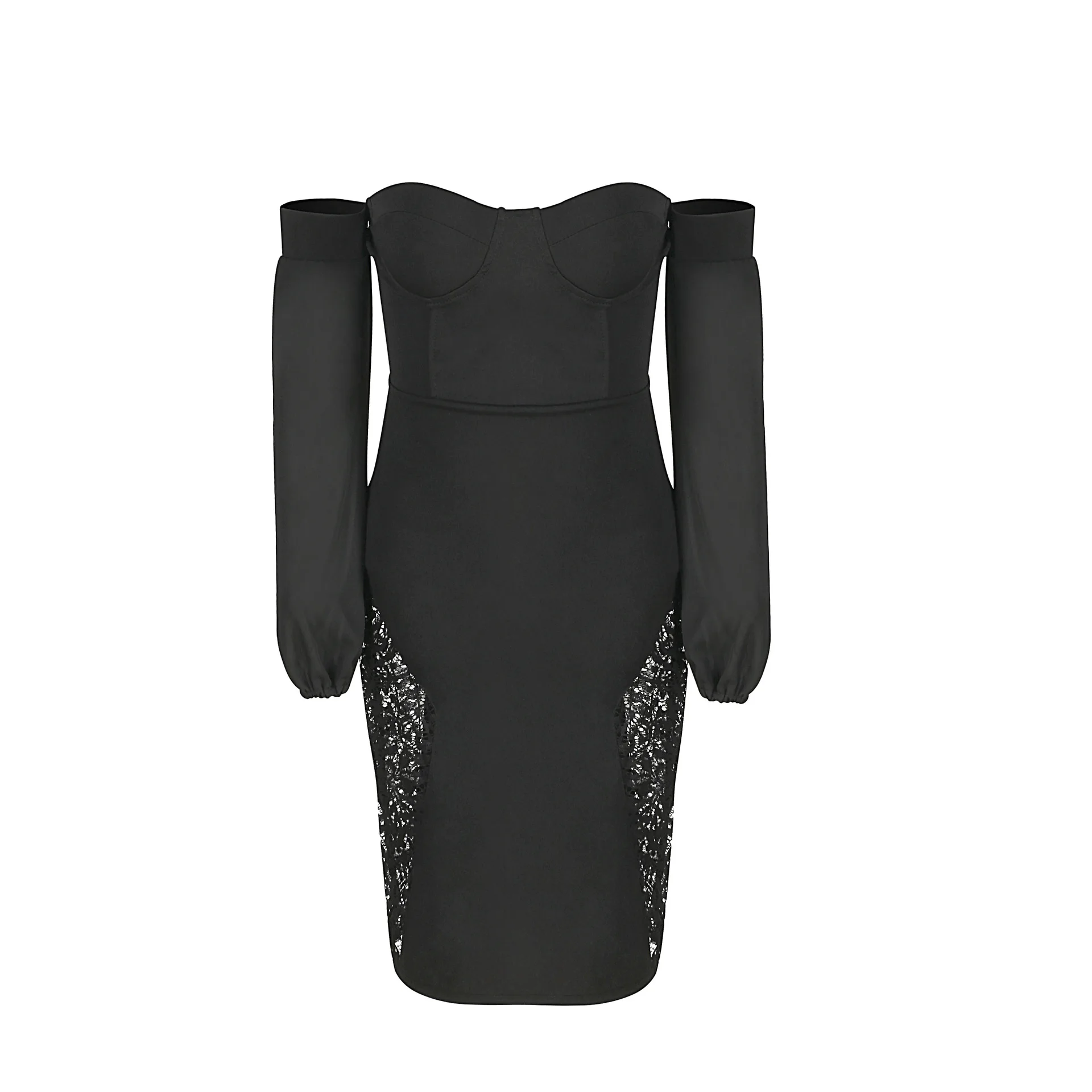 

Women's New Lace One-Word Long Sleeve Shoulder Breast Wrap Sexy Dress Strapless Evening Party Dress Hollow out Mini Dress 2021
