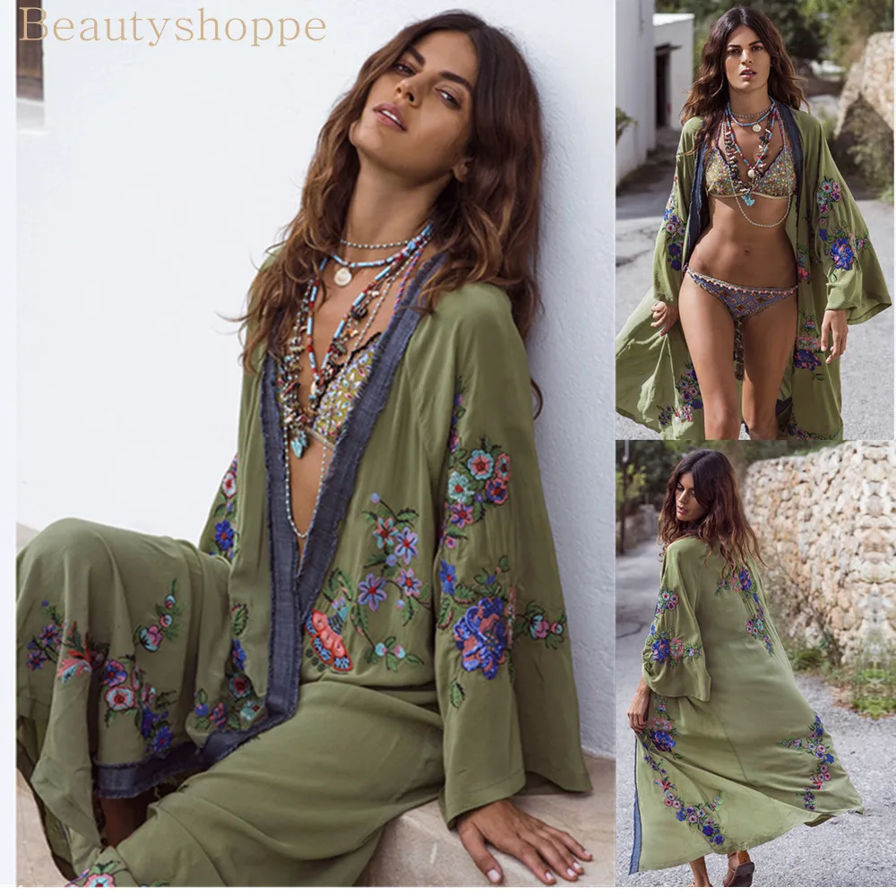 2019 богемное вдохновляющее кимоно кафтан Открытый Топ Пляжная контрастная