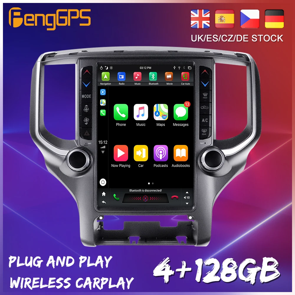 Android 128 9 0 ГБ вертикальный Большой экран в стиле Tesla для Dodge RAM 1500 2018-2020 CarPlay GPS радио