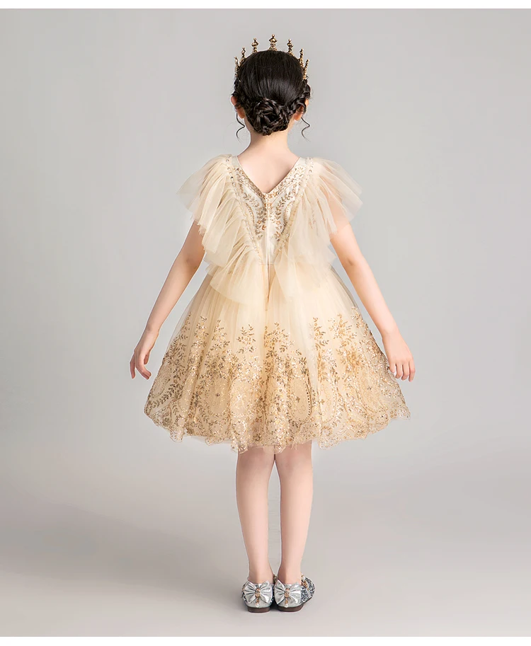 Детское свадебное платье принцессы из тюля с золотыми блестками и v-образным